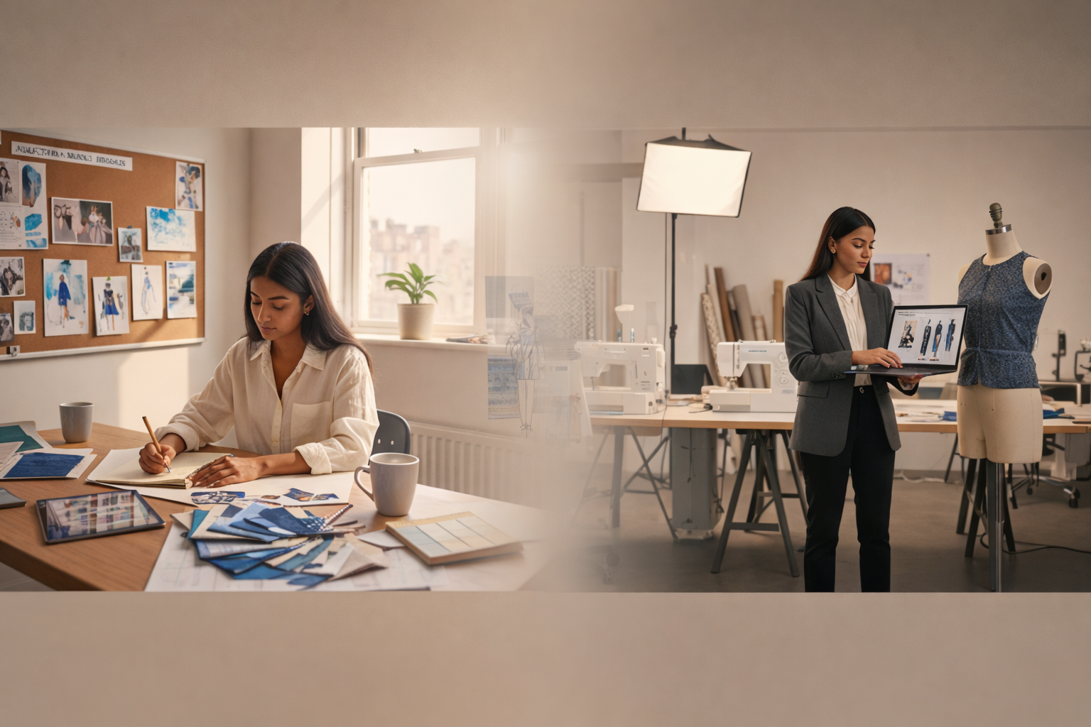 Fashion design portfolio journey showing a student creating designs in college and the same designer presenting a professional fashion design portfolio for jobs.