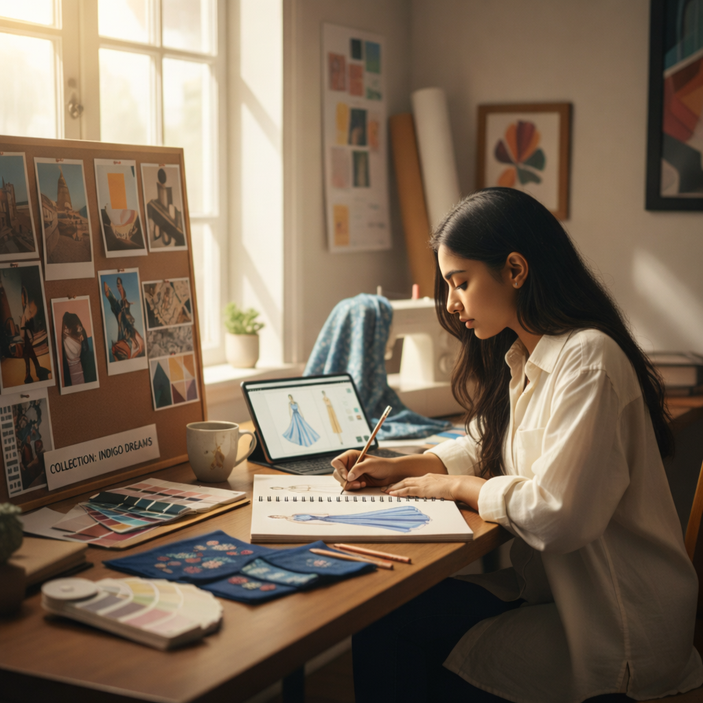 College student working on a fashion design portfolio with sketches, mood boards, and fabric swatches for fashion school admission.