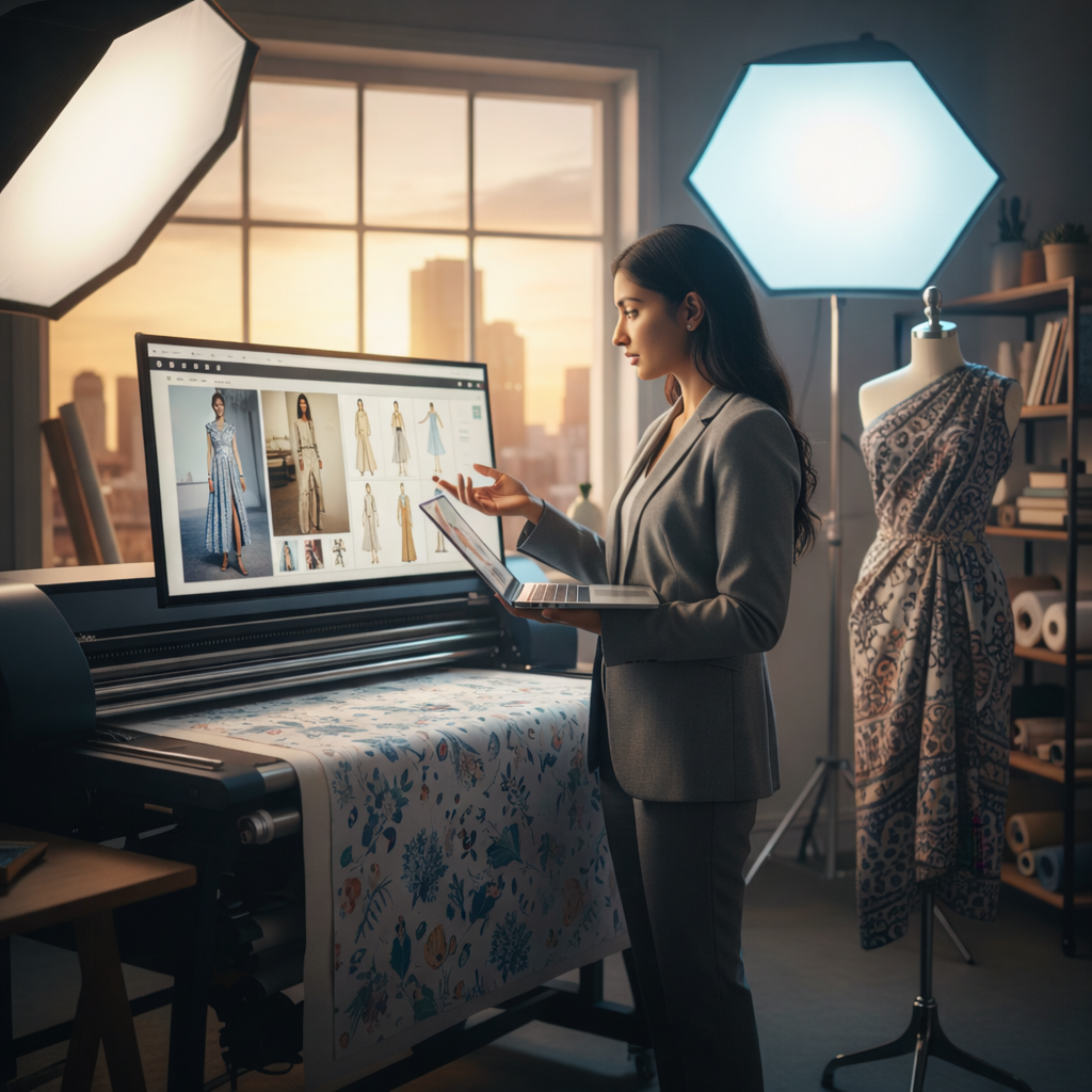 Professional fashion designer reviewing a fashion design portfolio in a studio for job applications.
