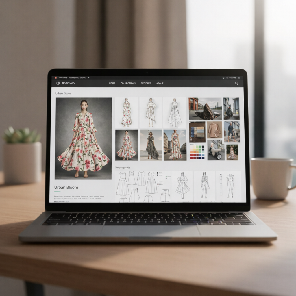 Digital fashion design portfolio displayed on a laptop showcasing collections, sketches, and technical drawings.
