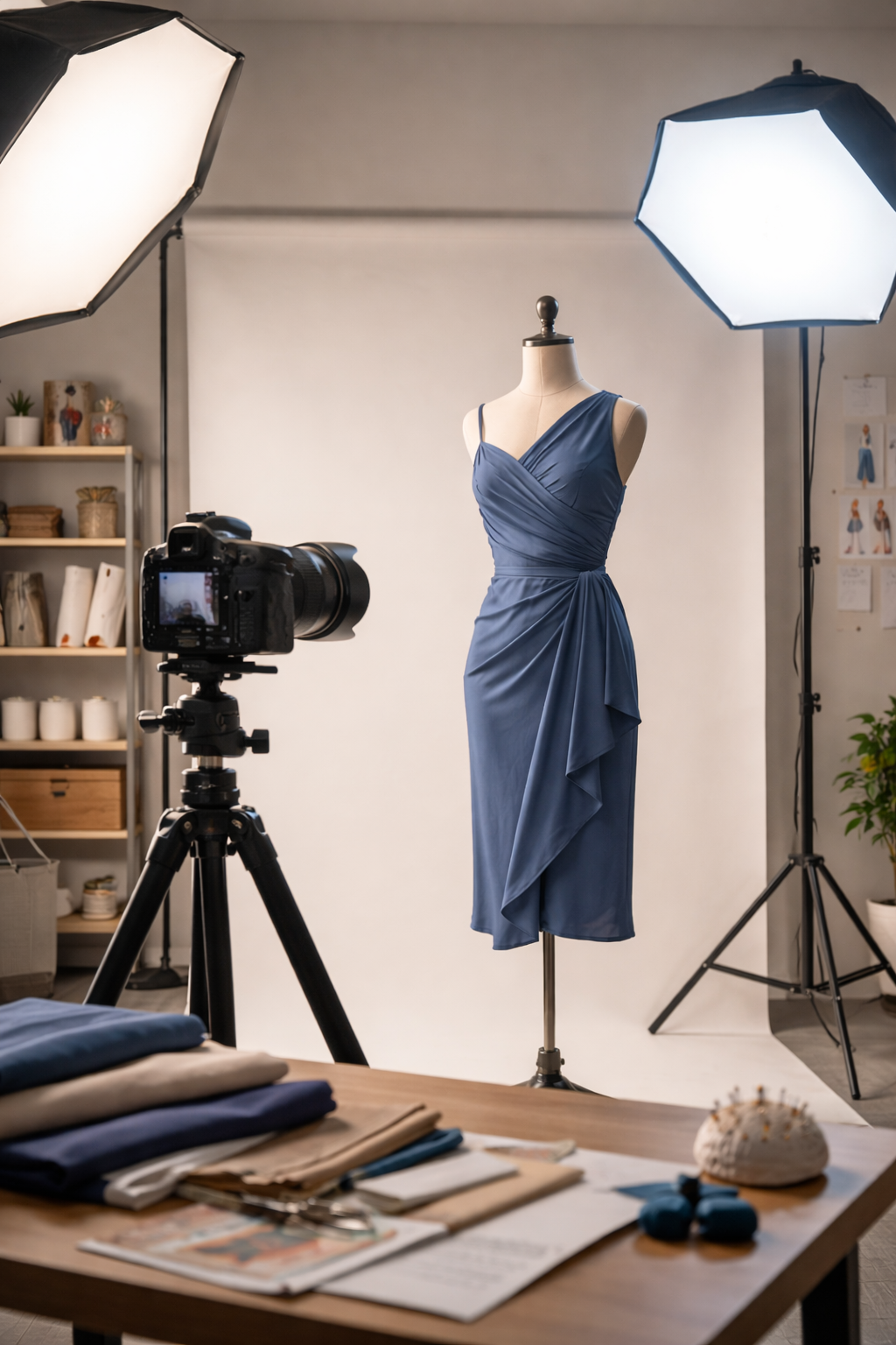 Fashion design photography setup with mannequin, neutral background, and lighting for portfolio images.