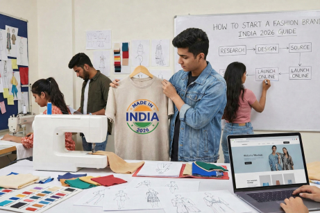 Fashion design students in India working in a studio, creating garments, sketches, and fabric samples while planning how to start a fashion brand in 2026.