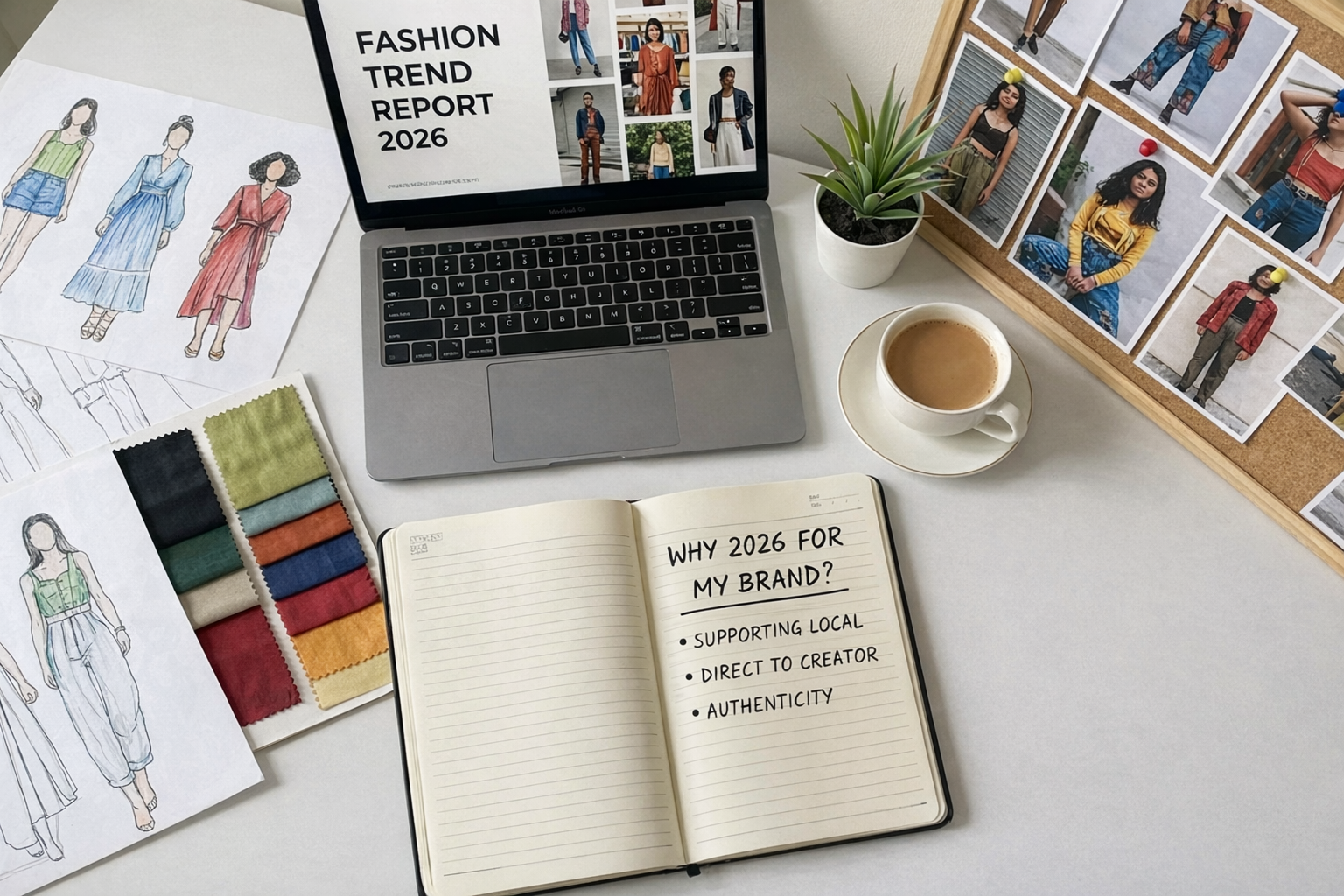 Image shows laptop, book, polaroid pictures also fashion designs of Fashion student also laptop shows Why 2026 a Good Year to Start a Fashion Brand in India?