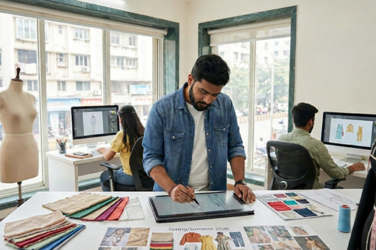 Fashion designing student working on his Fashion brand with two colleagues