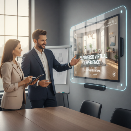 Interior designers presenting an AI-powered virtual interior design experience to clients using real-time rendering on a digital display.