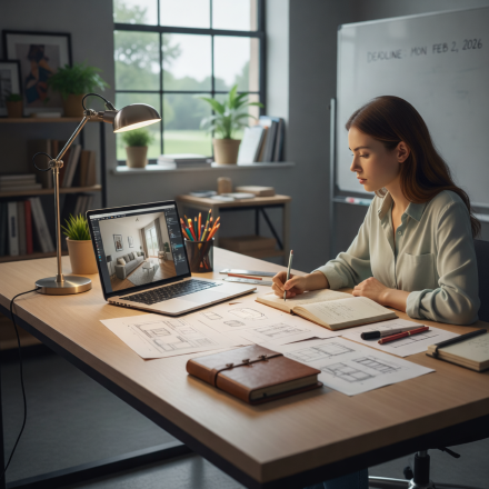 Interior designer working at a desk with floor plans, sketches, and a laptop, planning a residential interior design project using digital tools.