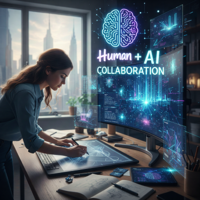 Interior designer sketching layouts on a digital tablet while AI-generated visuals and data appear on screens, representing human and AI collaboration in interior design.