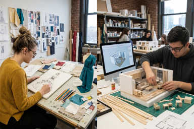Fashion design student sketching and interior design  student working on space model at Amor Design Institute