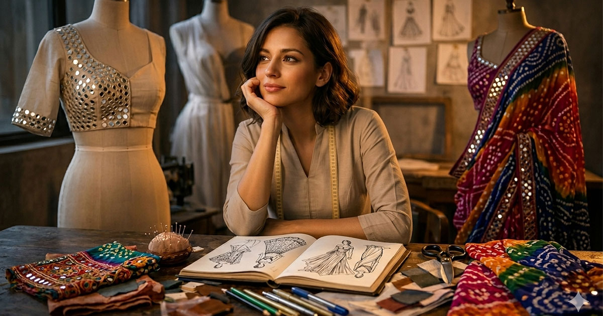 Female fashion designer sitting at a wooden studio desk with a sketchbook, surrounded by mannequins wearing traditional Indian ethnic wear and colorful fabrics.