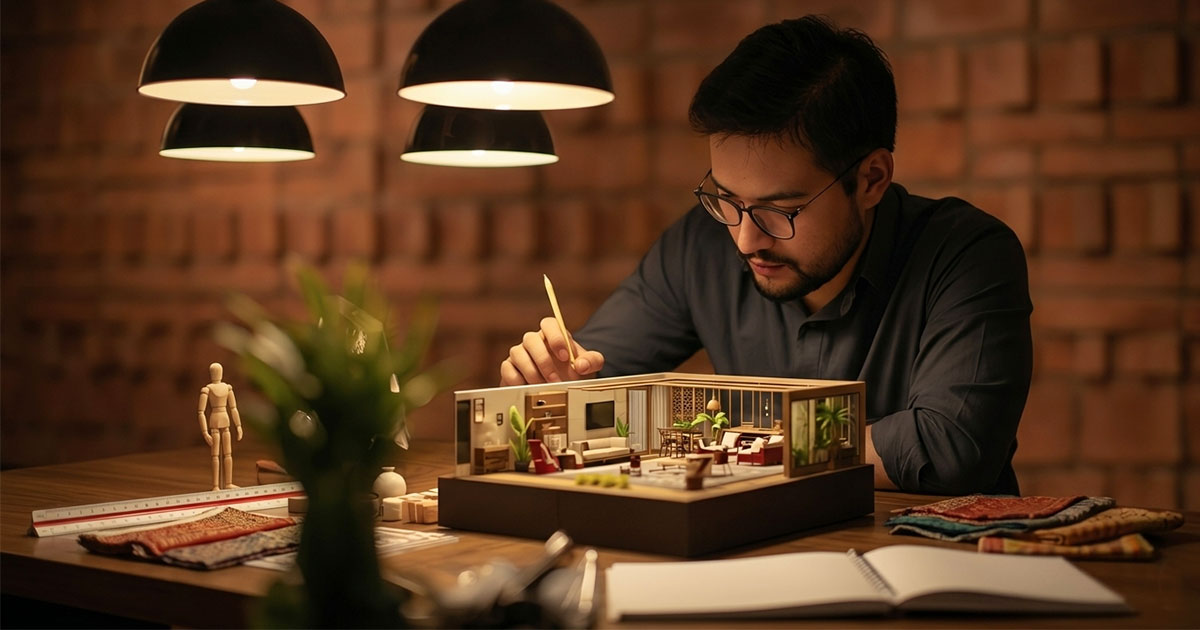 Interior designer creating a 3D architectural scale model for a residential home renovation project.