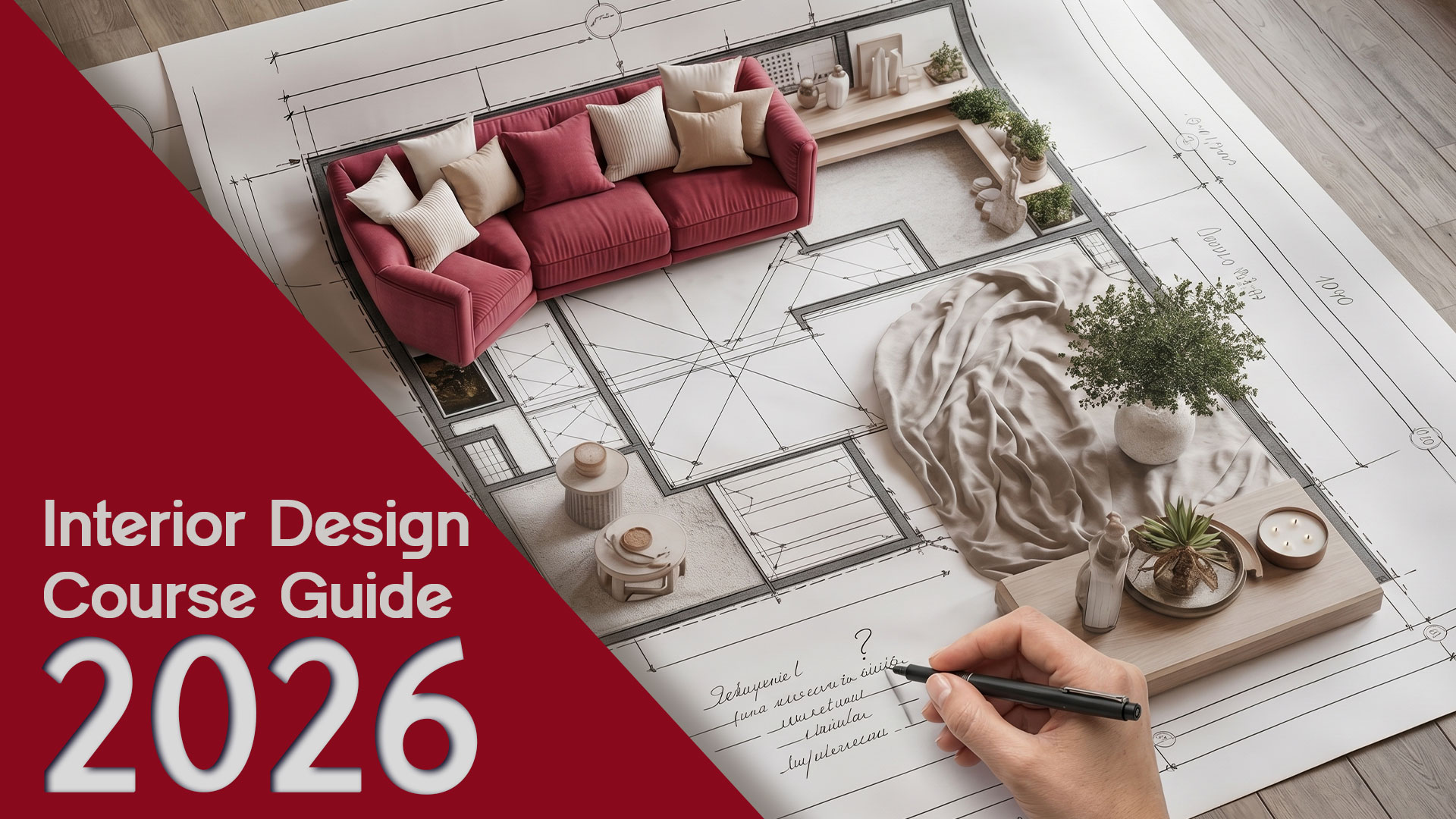 Interior design course guide 2026 — floor plan with furniture layout and designer's hand sketching notes