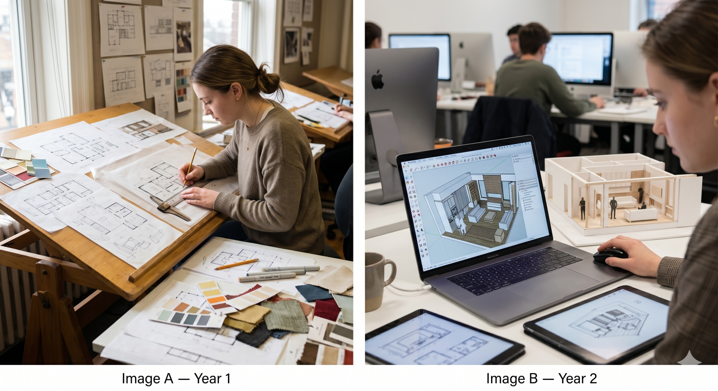 Interior design students learning hand drafting and SketchUp 3D modelling in a design studio classroom