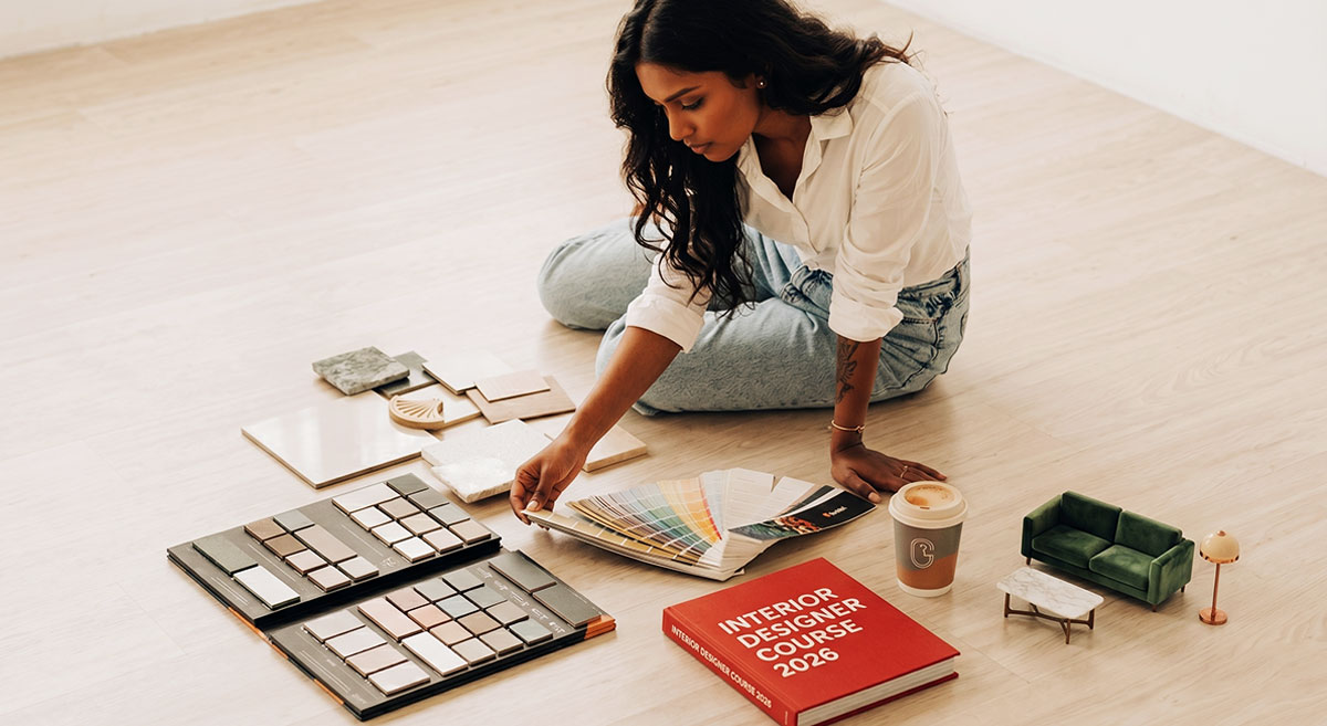 Interior design student studying material swatches, colour palettes and tile samples for her 2026 course
