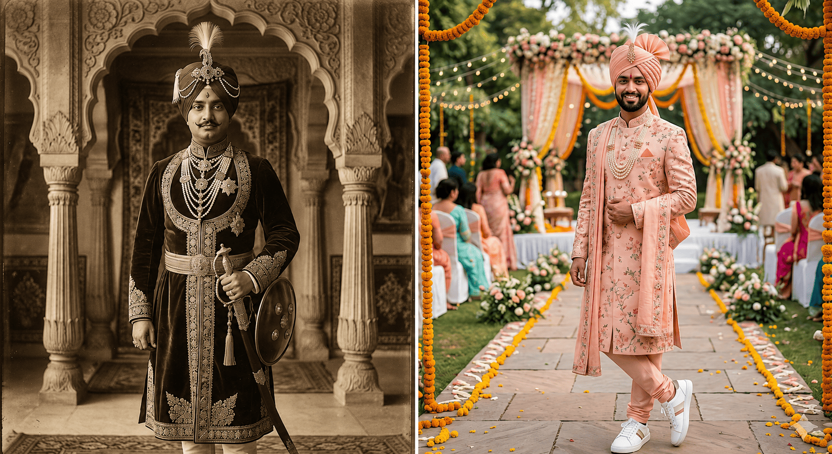 Evolution of traditional Indian men's wear from historical royal attire to modern street-style sherwanis.