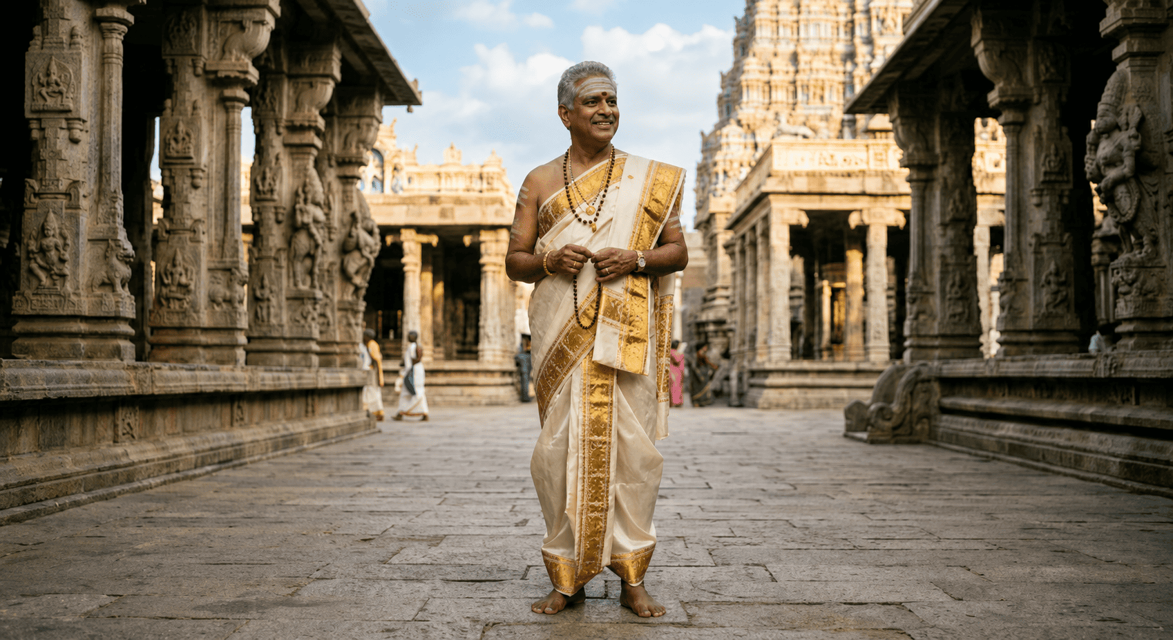 Man wearing a traditional unstitched white and gold Indian dhoti in a heritage setting.