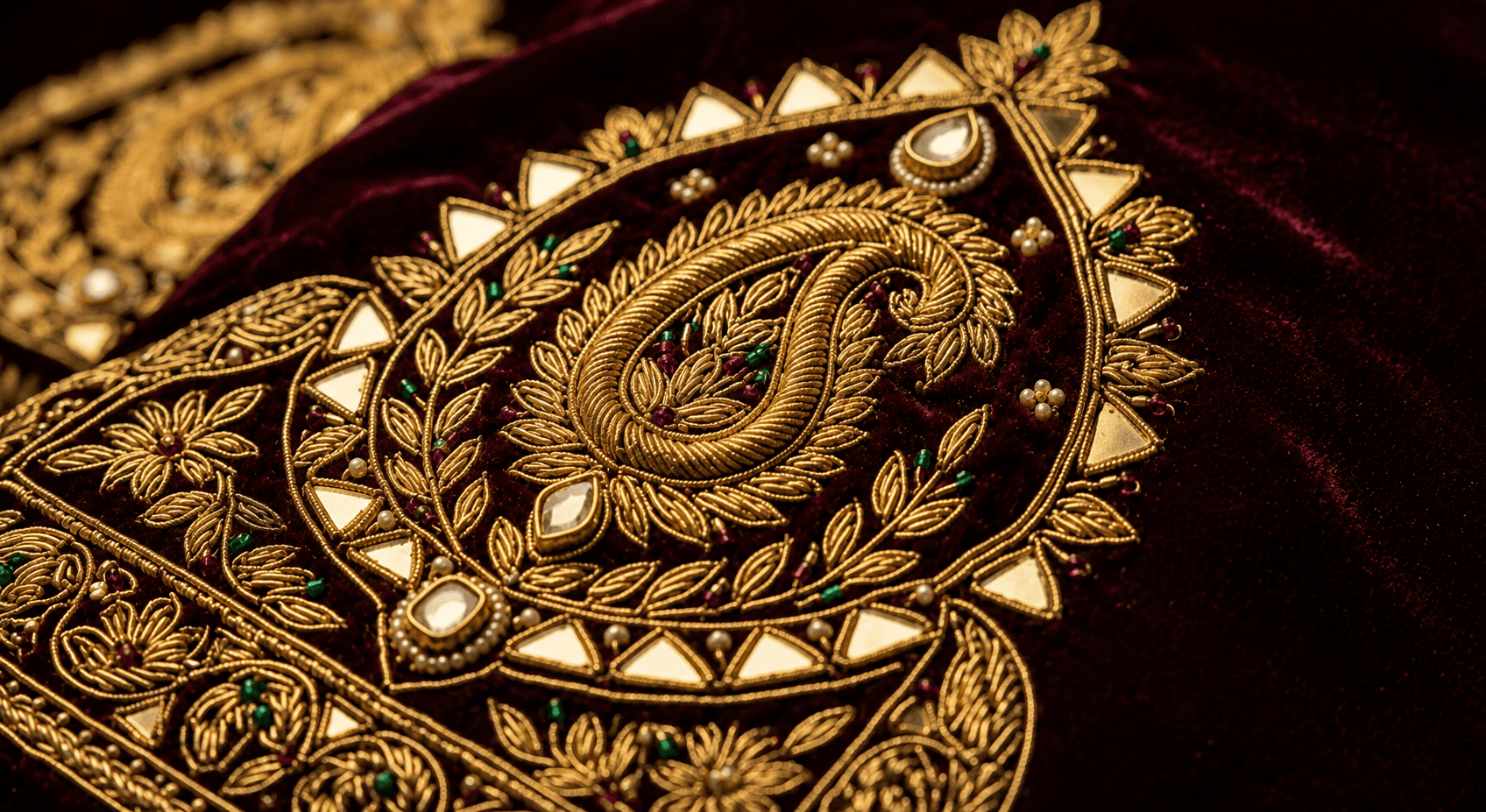 Close-up of intricate zardozi and zari embroidery on traditional Mughal-era men's garments.