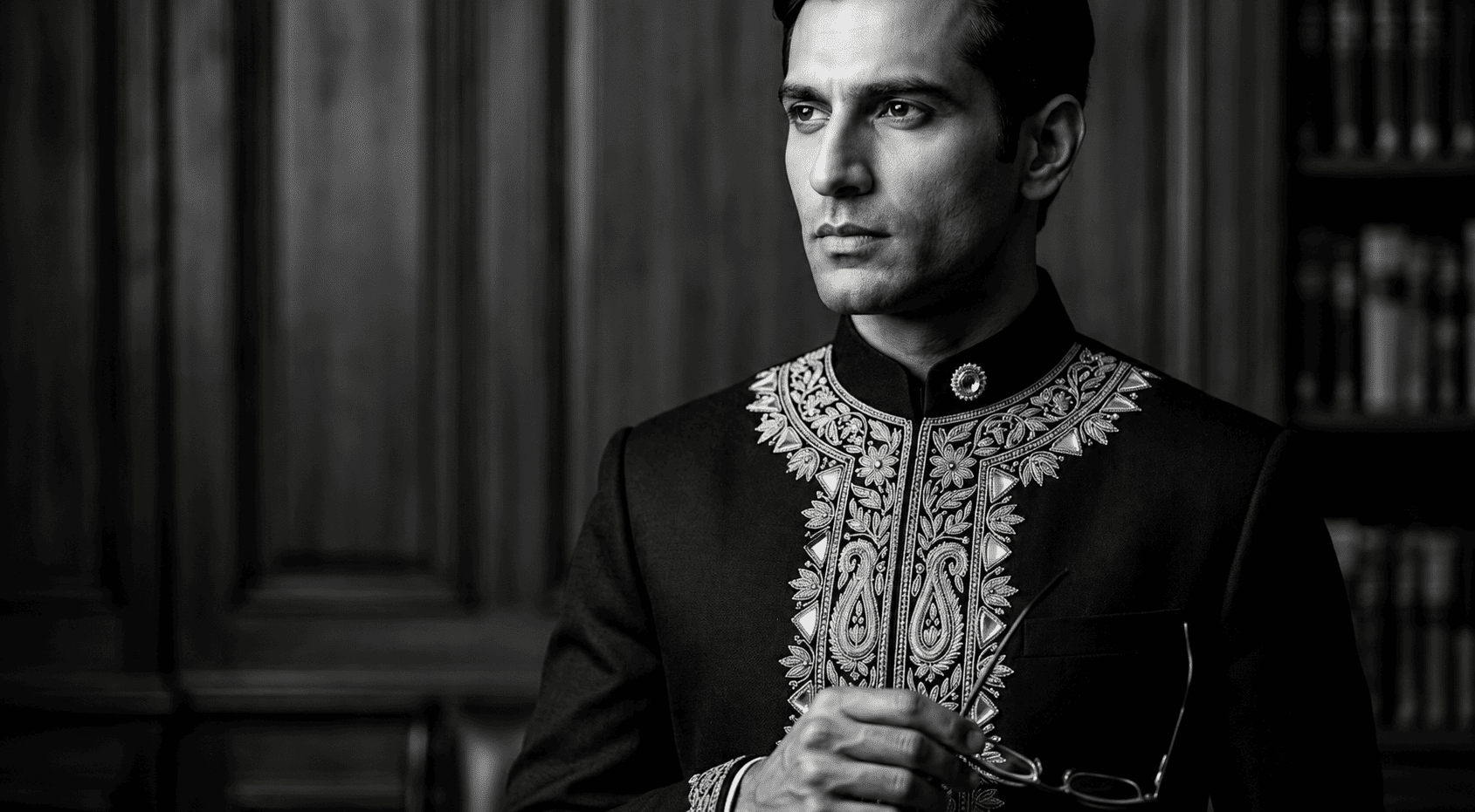 Tailored black bandhgala and Nehru jacket representing formal Indian men's wear.