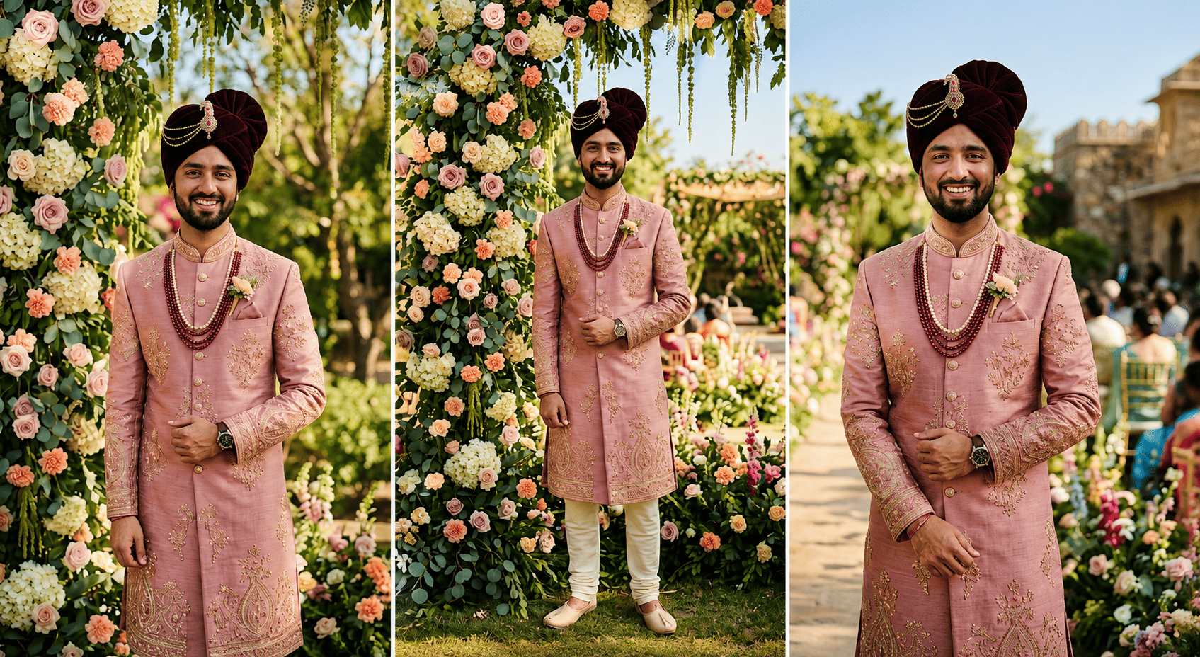 Groom wearing a modern pastel pink and mint green sherwani for a destination wedding.