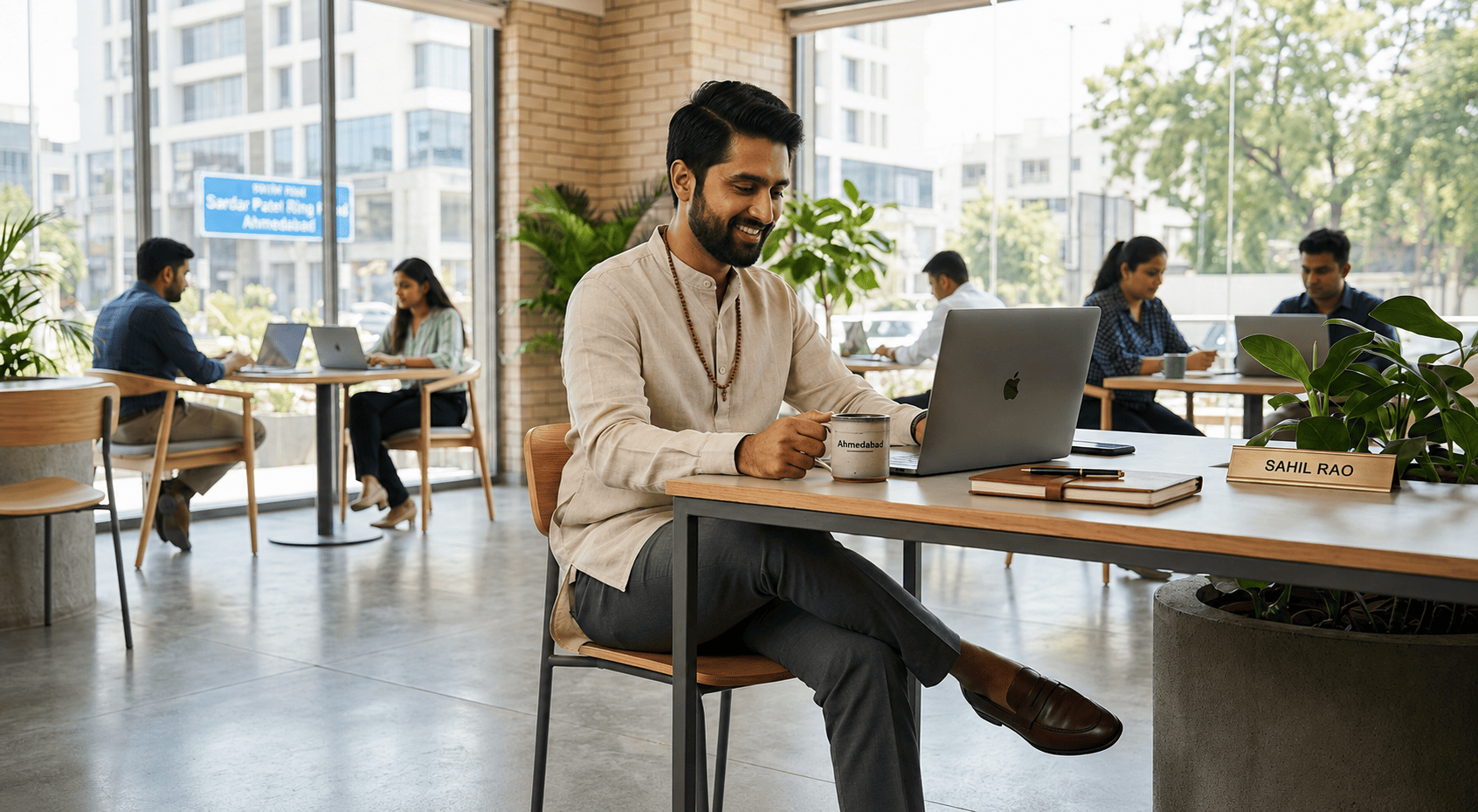 Professional Indian men's wear featuring a neutral linen kurta and tailored trousers in a modern office setting.