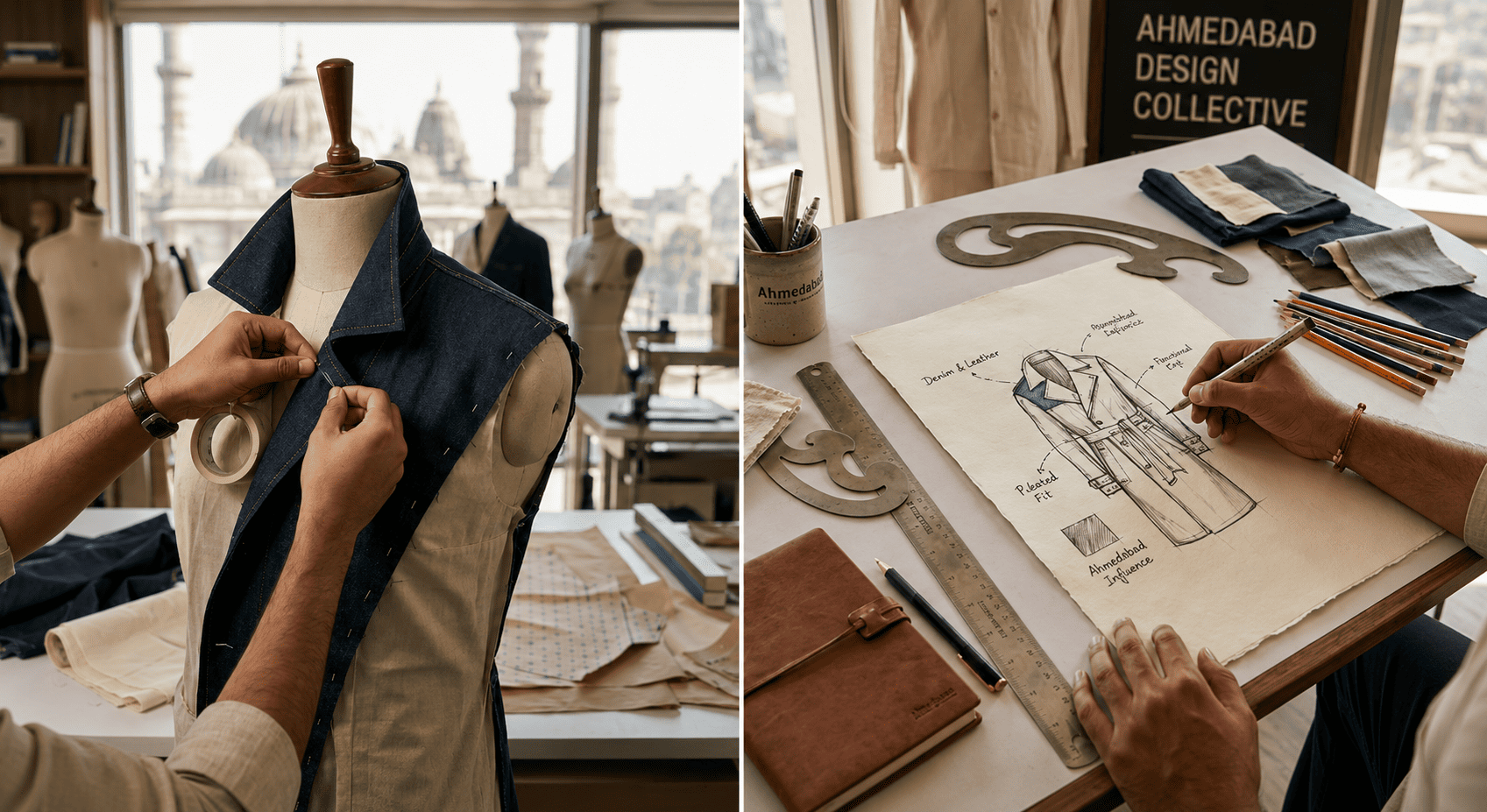 Fashion design students sketching and draping modern Indian men's wear garments in a studio.