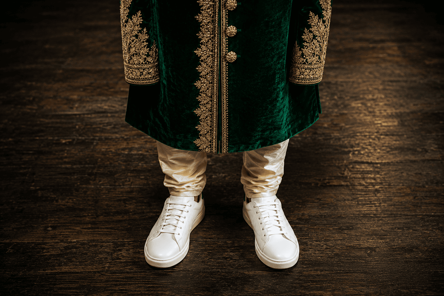 Green velvet sherwani, sherwani with sneakers, modern groom fashion, traditional Indian menswear details.