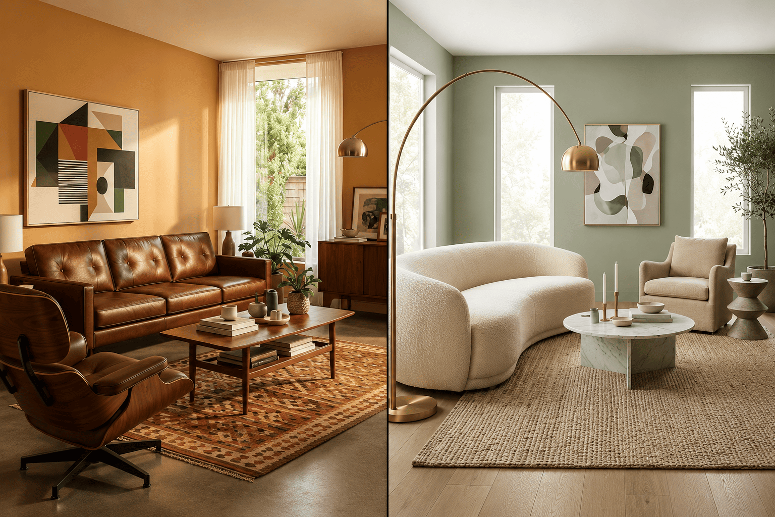 Side-by-side comparison of modern vs contemporary interior design living rooms