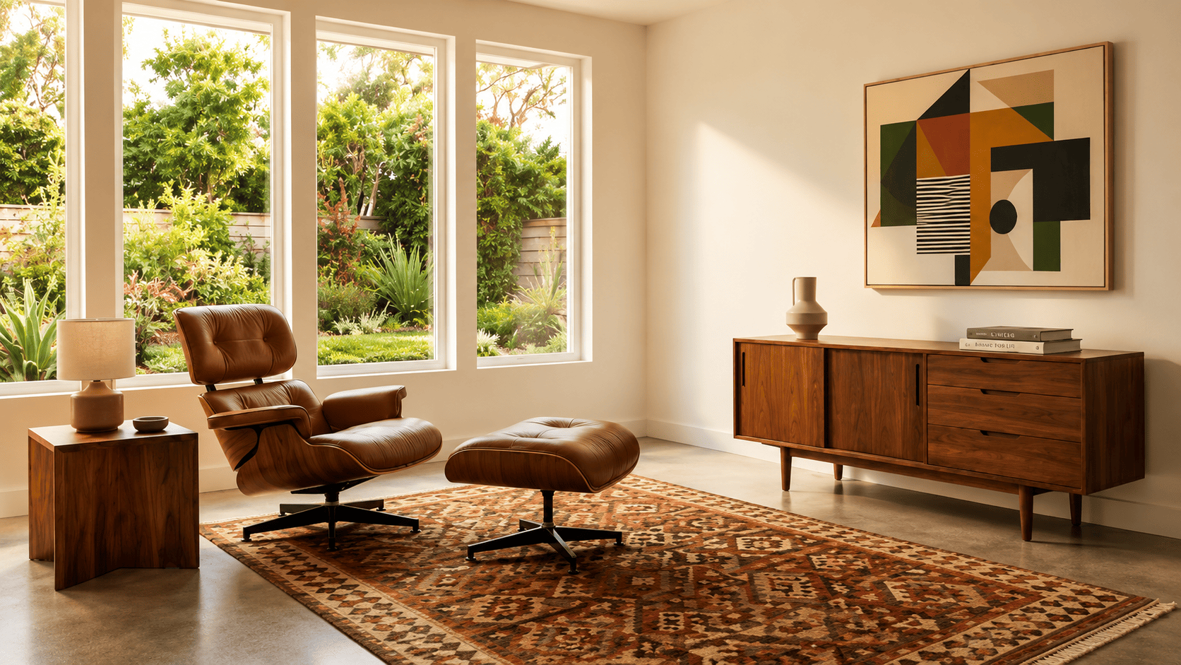 Mid-century modern interior design with Eames lounge chair, walnut furniture and warm neutral palette