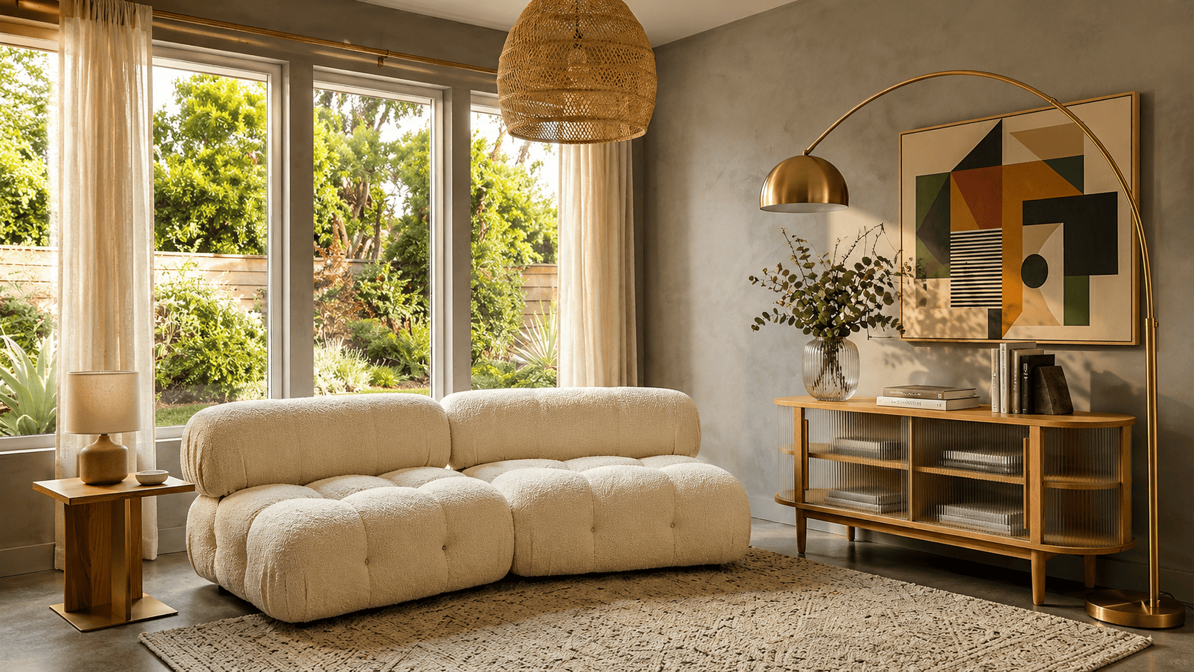 Contemporary interior design style with boucle curved sofa, arched lamp and mixed textures