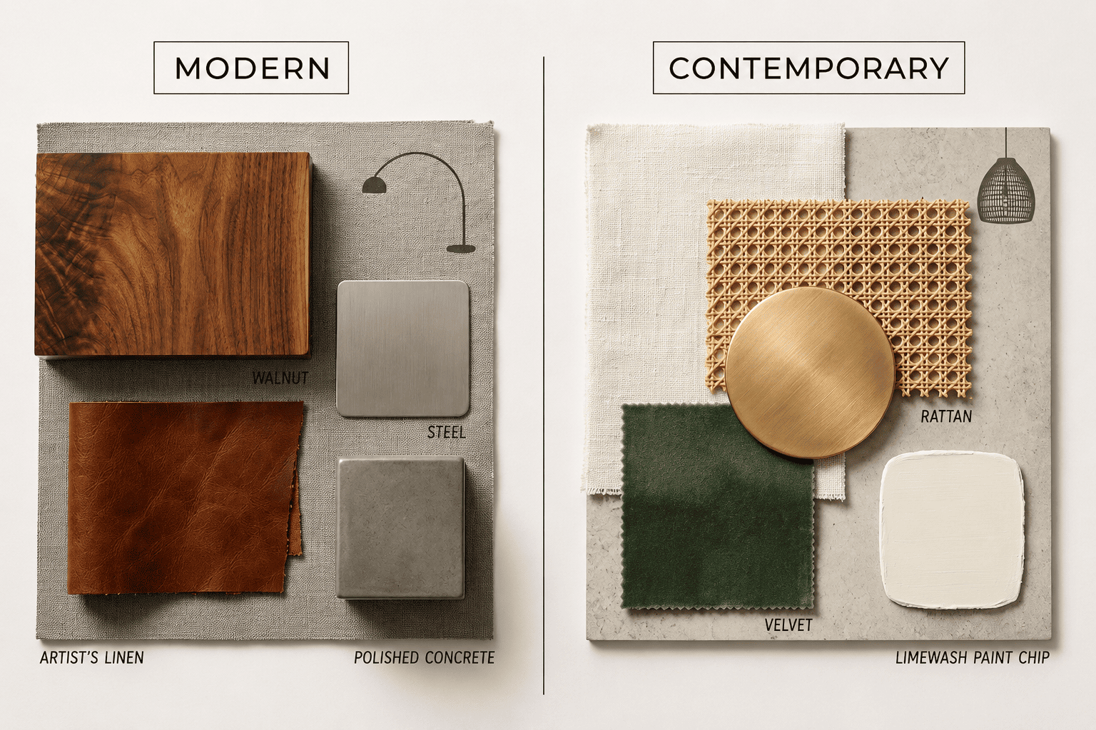 Material palette comparison between modern interior design and contemporary interior design style