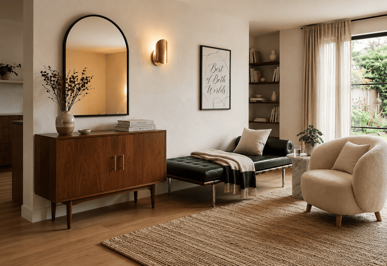 Modern contemporary interior design blending mid-century furniture with current textures and curved accents