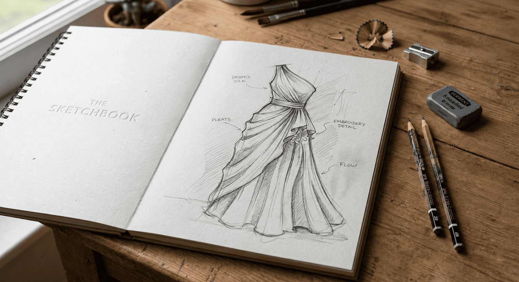 A beginner fashion designer sketching a garment with a graphite pencil on smooth white paper