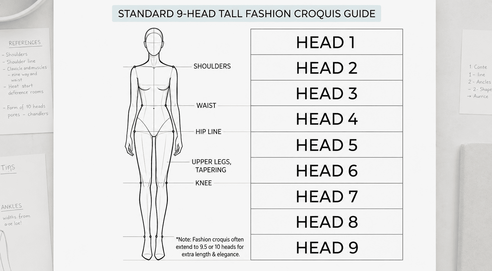 A structural fashion design drawing displaying a 9-head tall croquis template grid layout