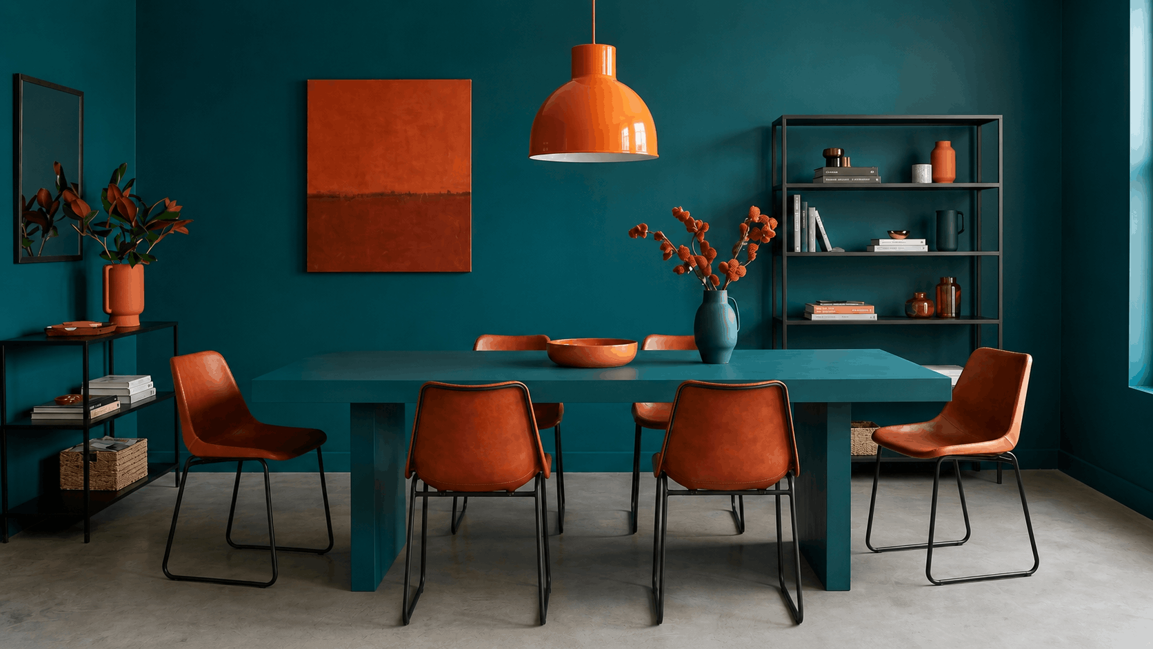 Complementary color scheme interior with dominant teal walls and rust orange accent chair