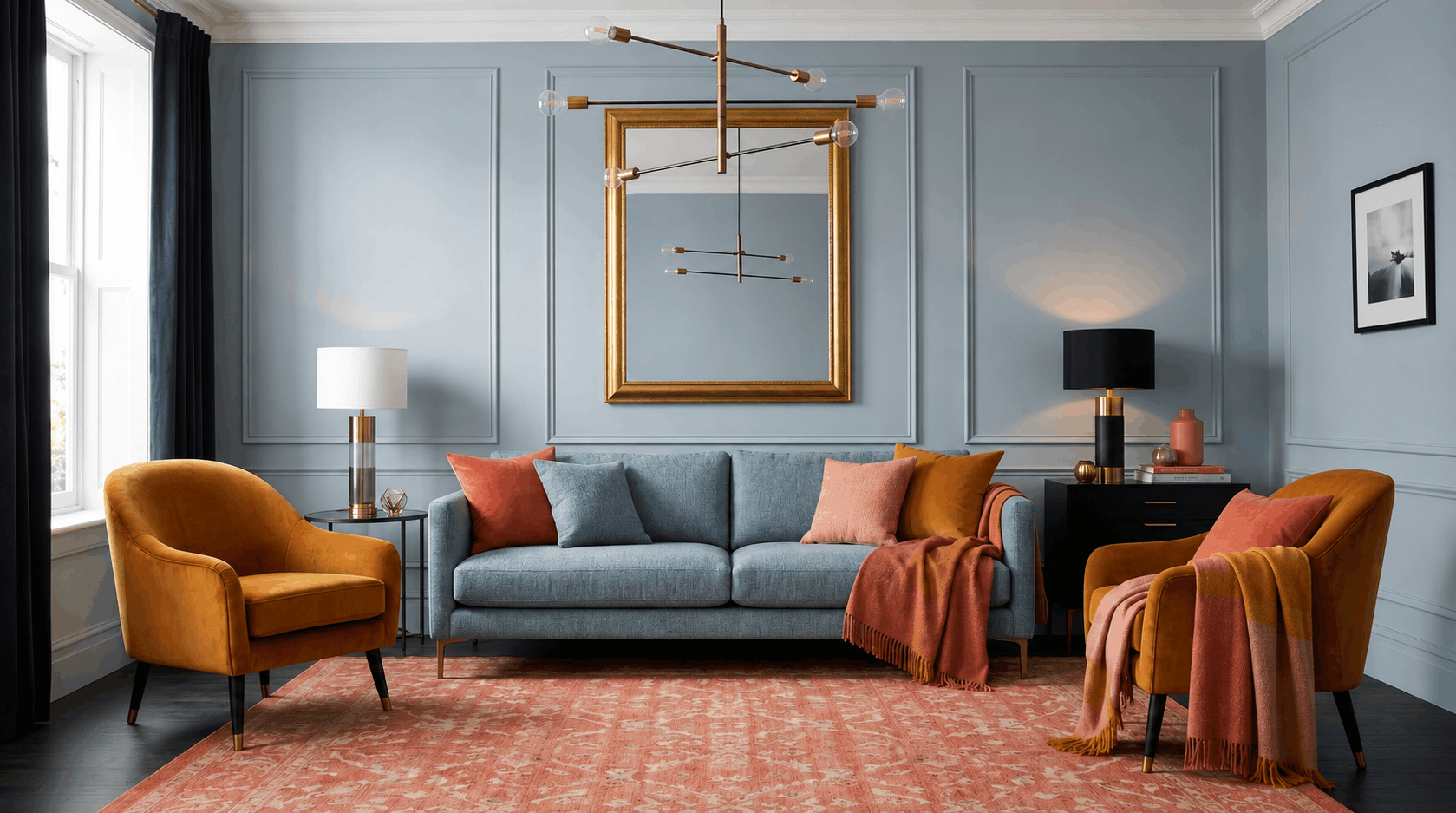 Split complementary living room palette with blue gray amber and coral textiles