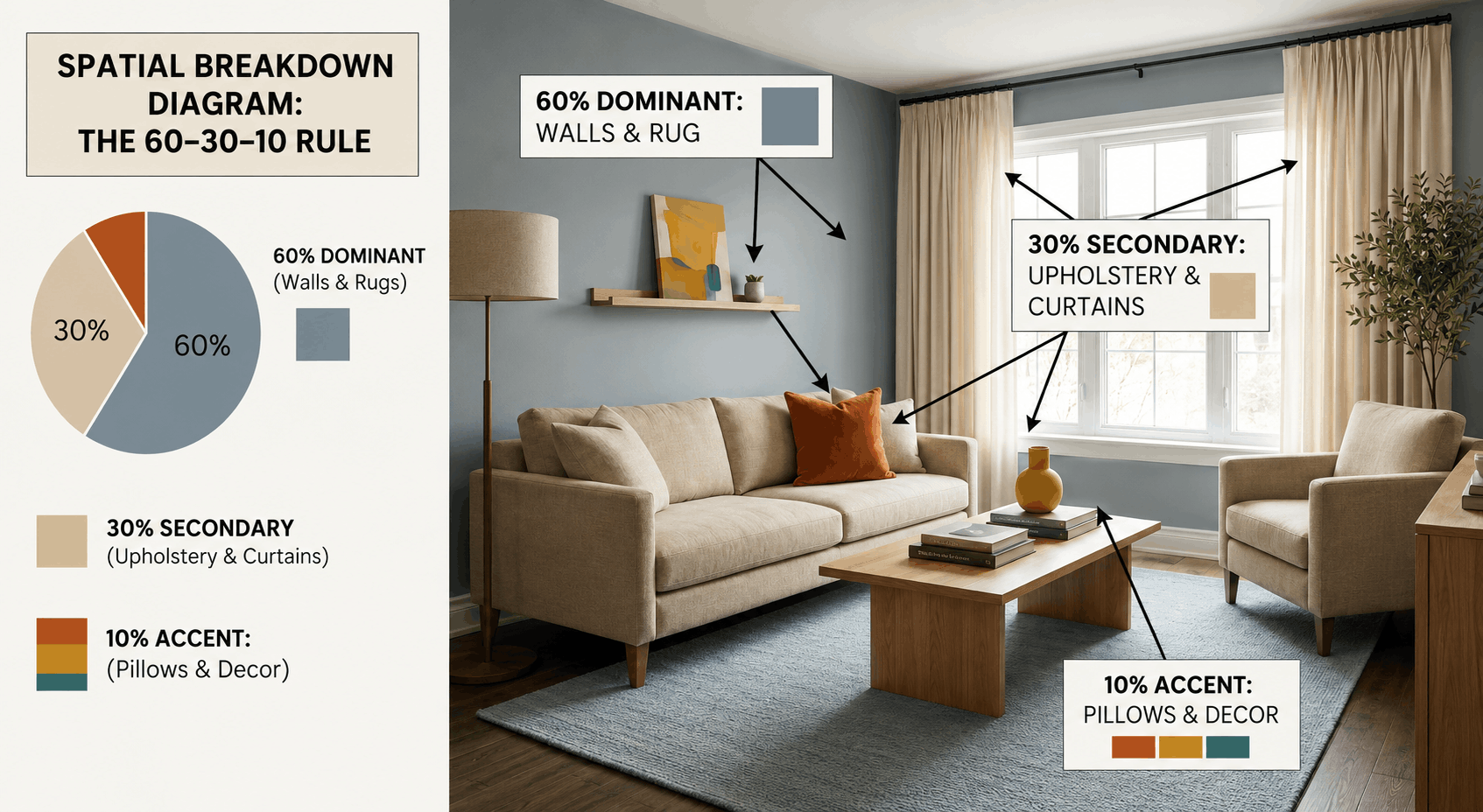 Interior design 60-30-10 color proportion rule chart applied to a contemporary space