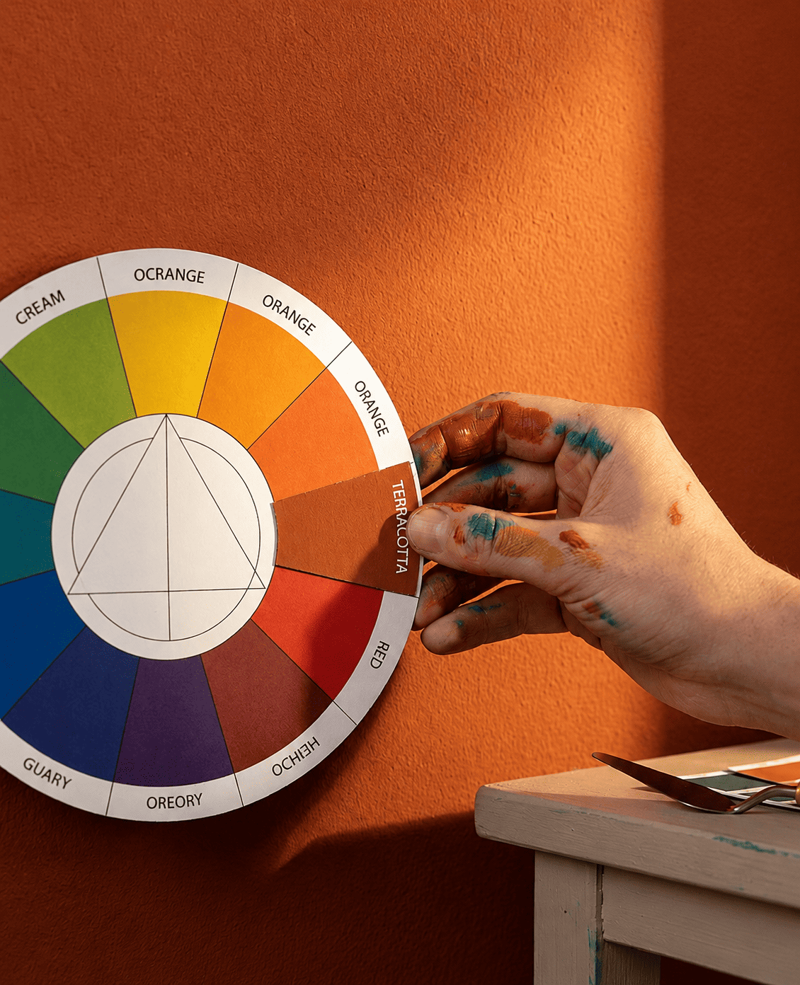 Paint-stained hand pointing to terracotta segment on a color wheel against a matching orange wall