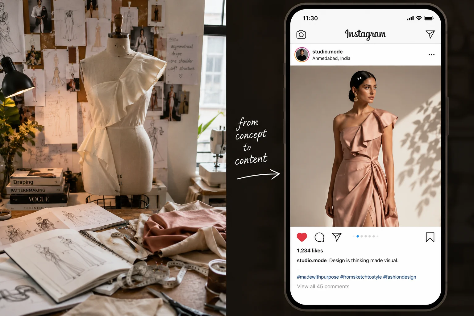 Split view showing a raw fashion studio with a draped mannequin on the left, pointing to a polished Instagram post of a model wearing the final dress on the right, illustrating the design-to-content process.