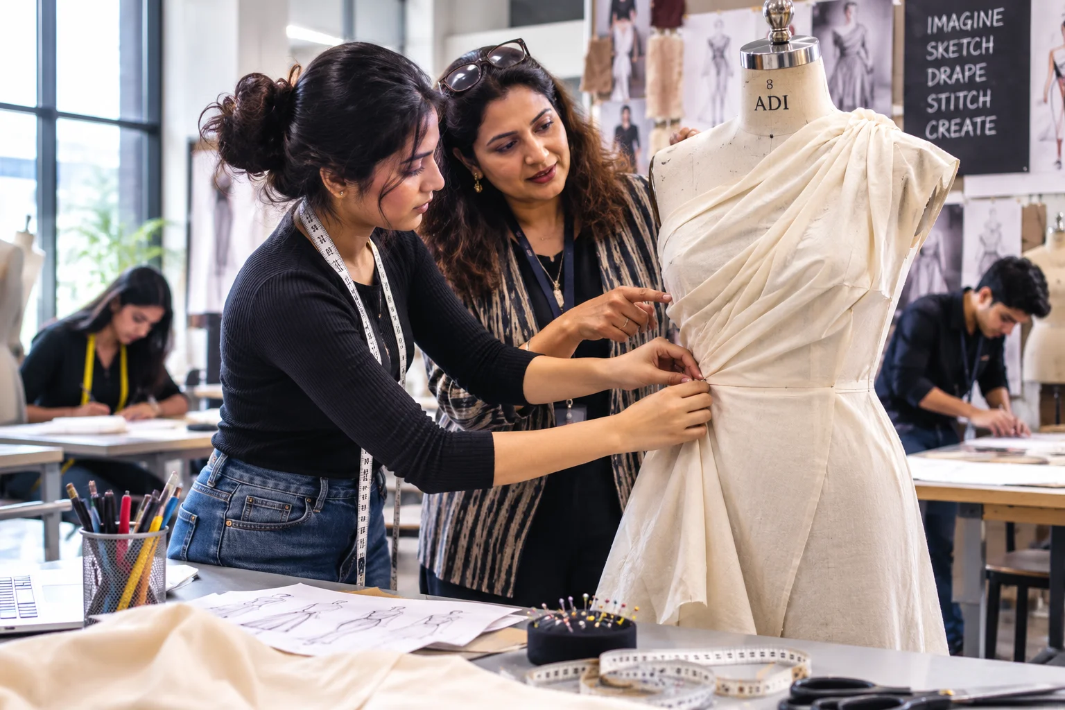 A fashion design student and an expert instructor working together on hands-on fabric draping and pattern making on a mannequin inside a bustling design studio classroom.