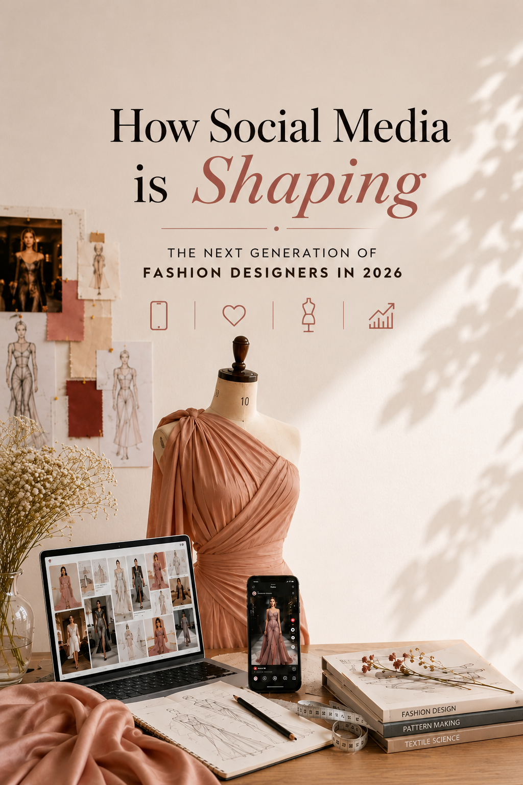 A fashion design workspace featuring a draped mannequin, sketchbooks, a laptop with digital designs, and a smartphone, with text reading How Social Media is Shaping the Next Generation of Fashion Designers in 2026.