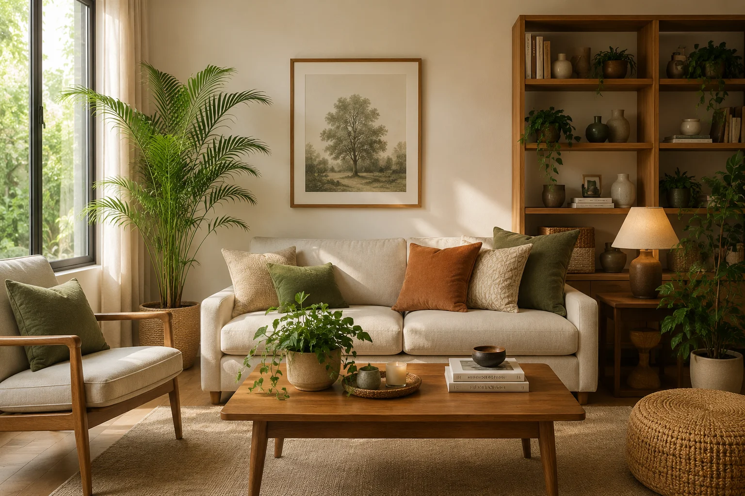 Warm and inviting living room design featuring natural light, rich textures, and indoor plants, illustrating the psychology of space and comfort in residential interior design.