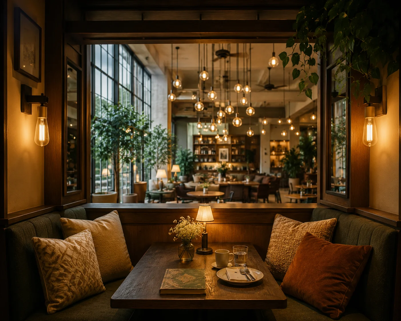 Cozy restaurant booth with a low ceiling looking out into a brightly lit, open dining area, visually demonstrating the prospect-refuge theory in environmental psychology.