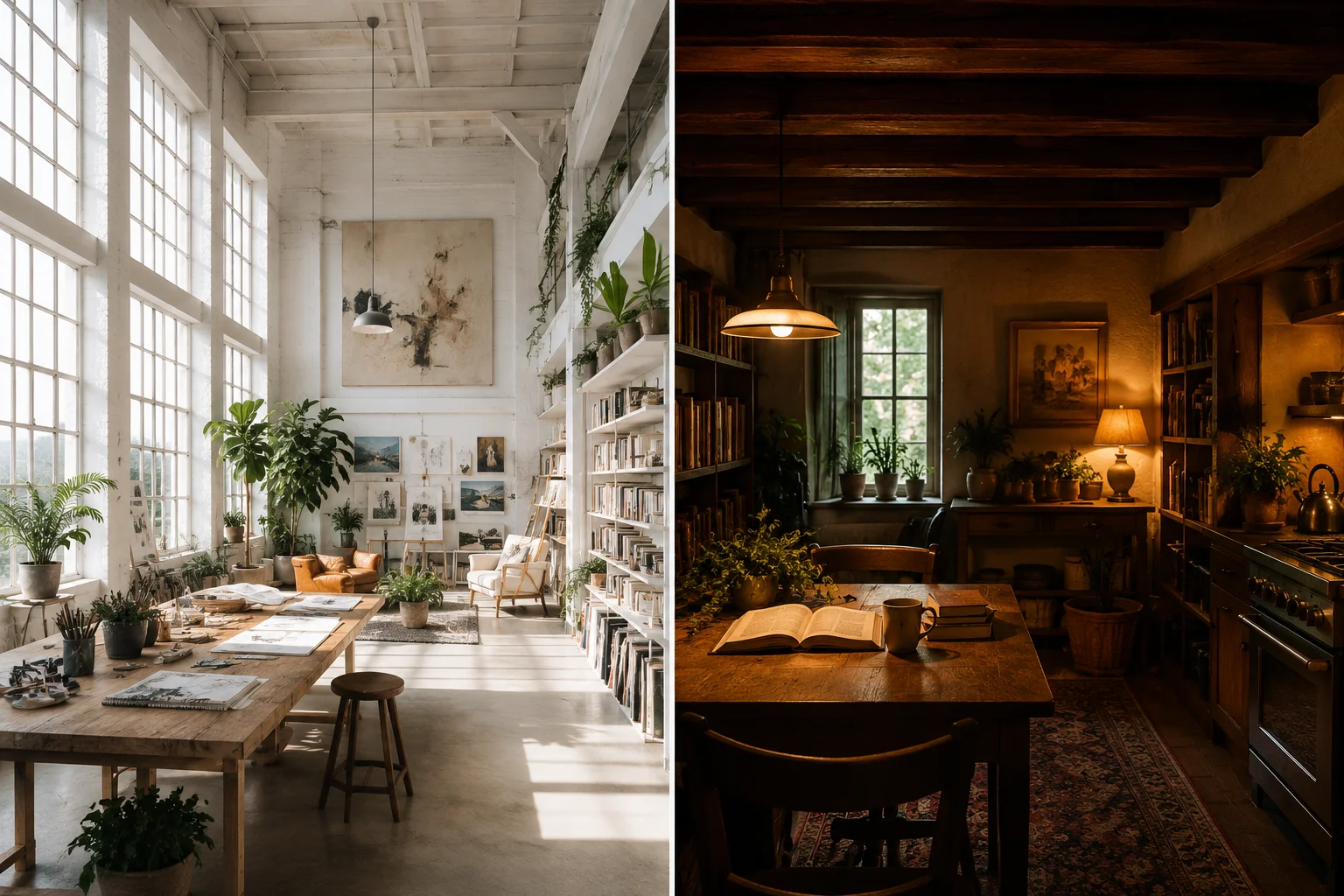 Split view comparing a high-ceilinged bright creative studio with a low-ceilinged warm kitchen, showing how ceiling height and scale affect human psychology and focus in interior spaces.