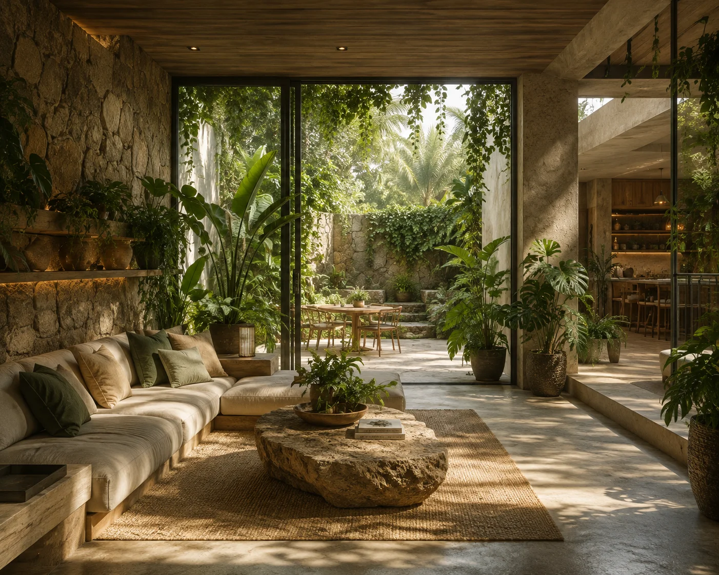 Biophilic interior design seamlessly connecting an indoor living area with a lush outdoor garden, using natural stone walls and extensive greenery to promote psychological wellbeing.