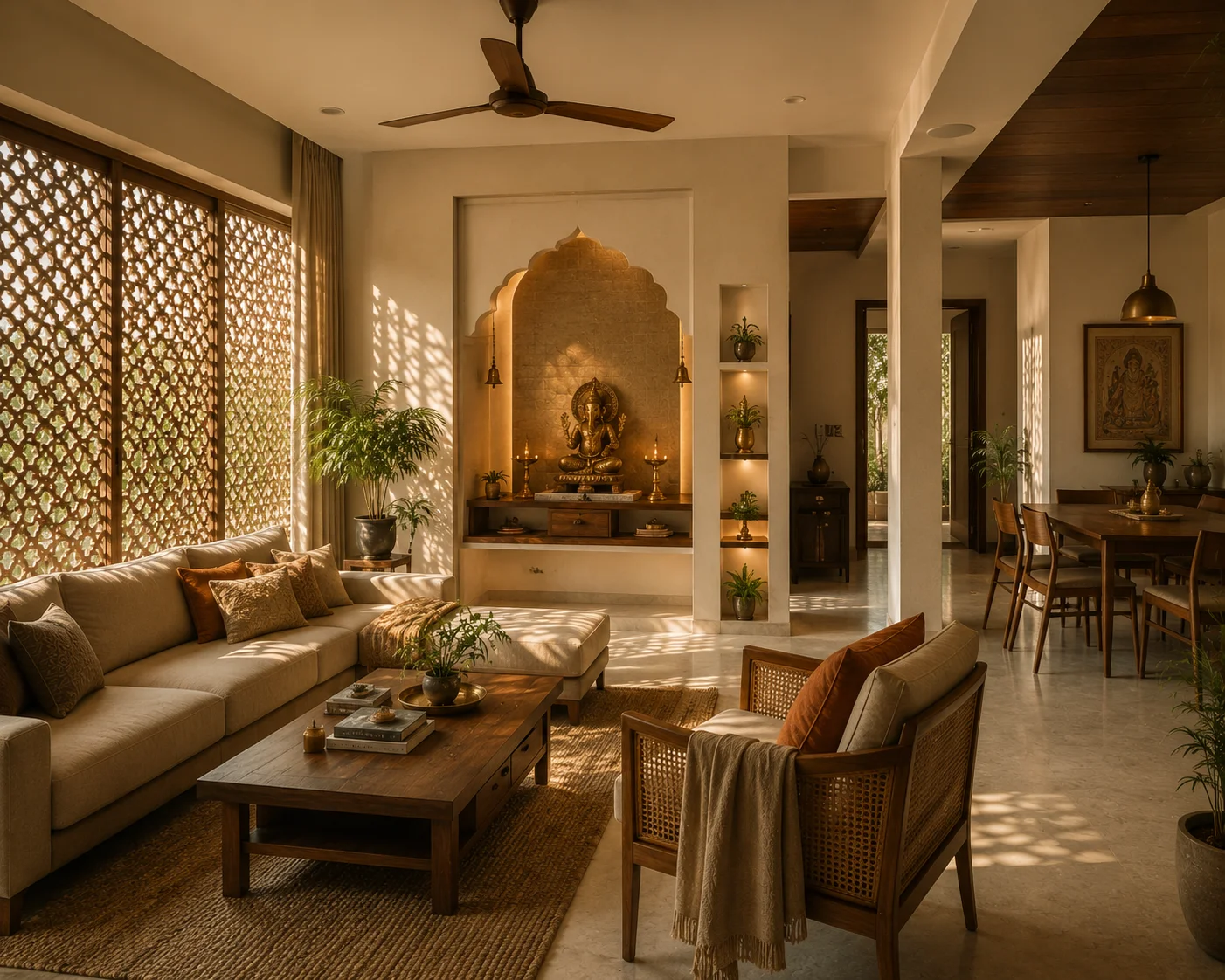 Modern Indian living room interior featuring natural sunlight filtering through traditional jaali screens and a built-in puja space, blending cultural context with spatial design in Gujarat.