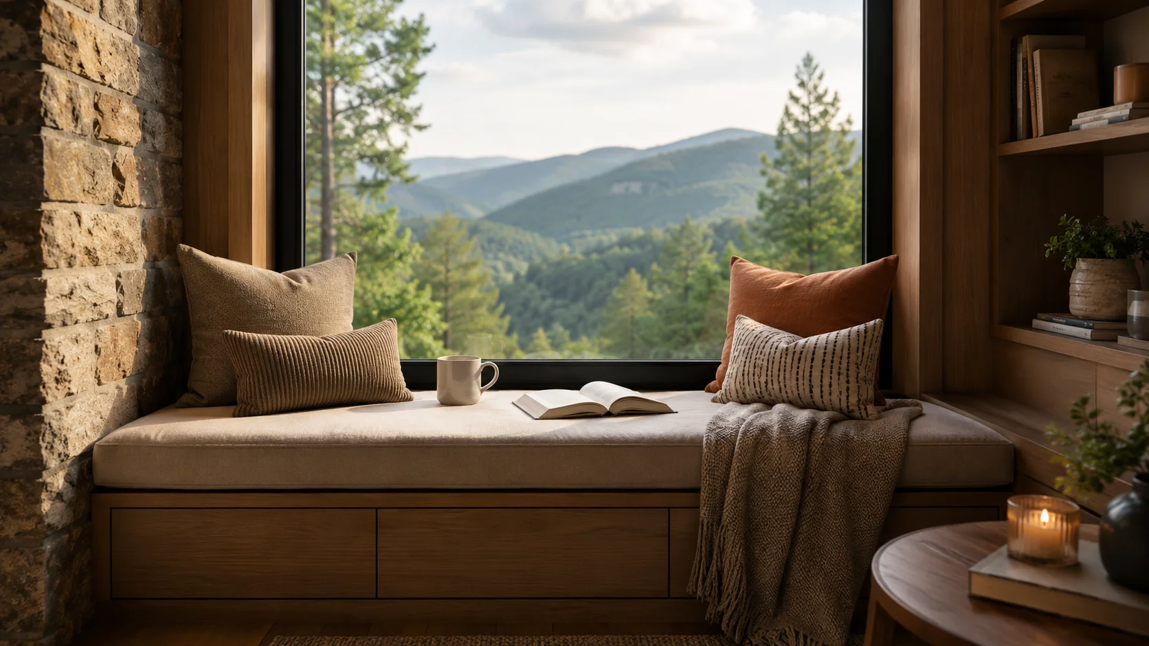Cozy built-in window seat with mountain views, demonstrating prospect-refuge theory in comfortable interior design.