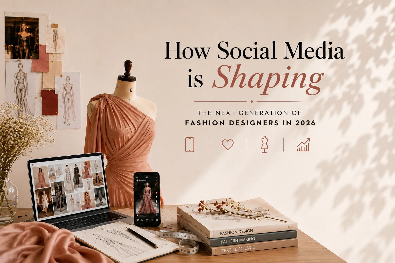 A fashion design workspace featuring a draped mannequin, sketchbooks, a laptop with digital designs, and a smartphone, with text reading How Social Media is Shaping the Next Generation of Fashion Designers in 2026.
