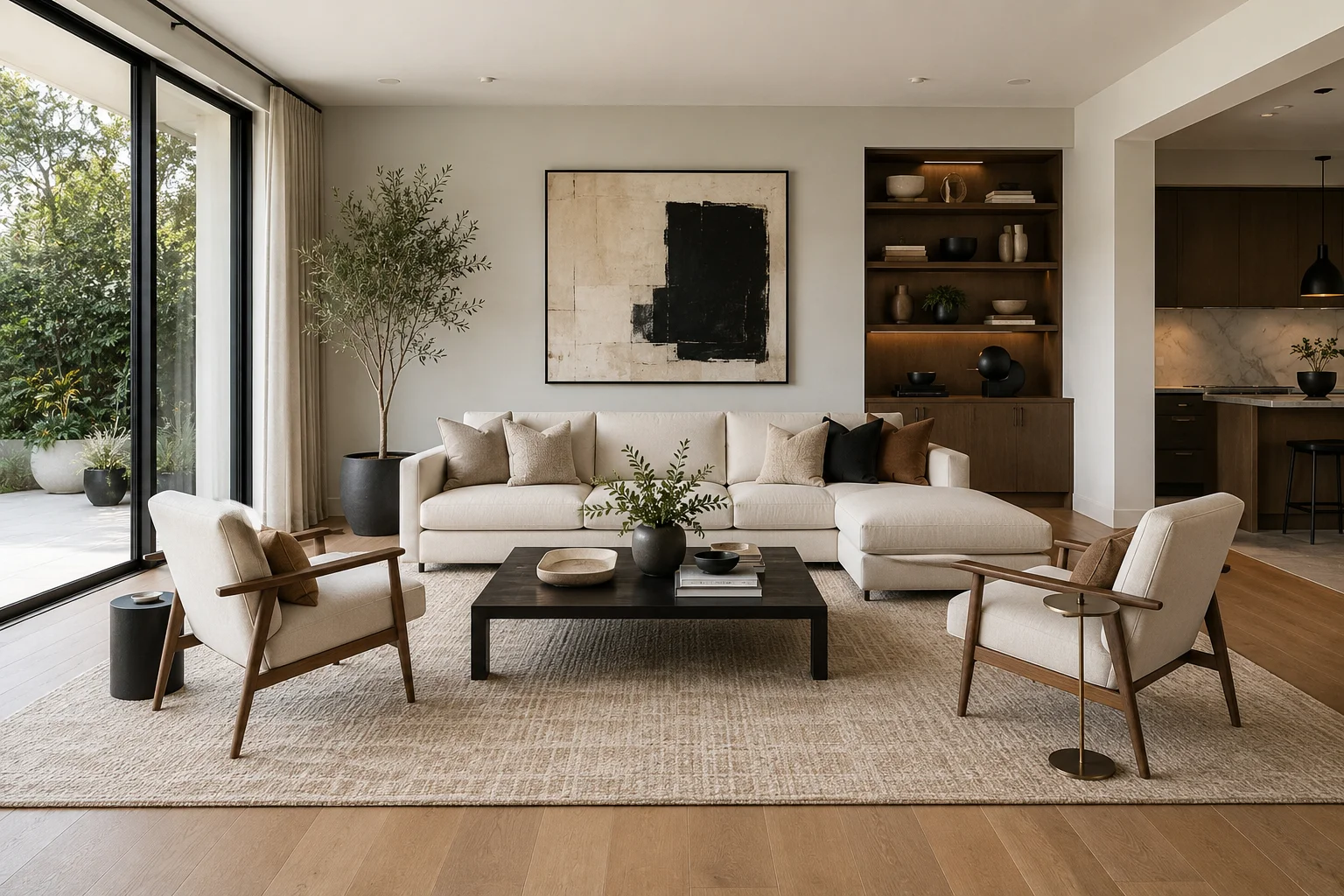 Modern living room demonstrating proper rug placement and perfect furniture scale, with seating anchored on a large area rug.
