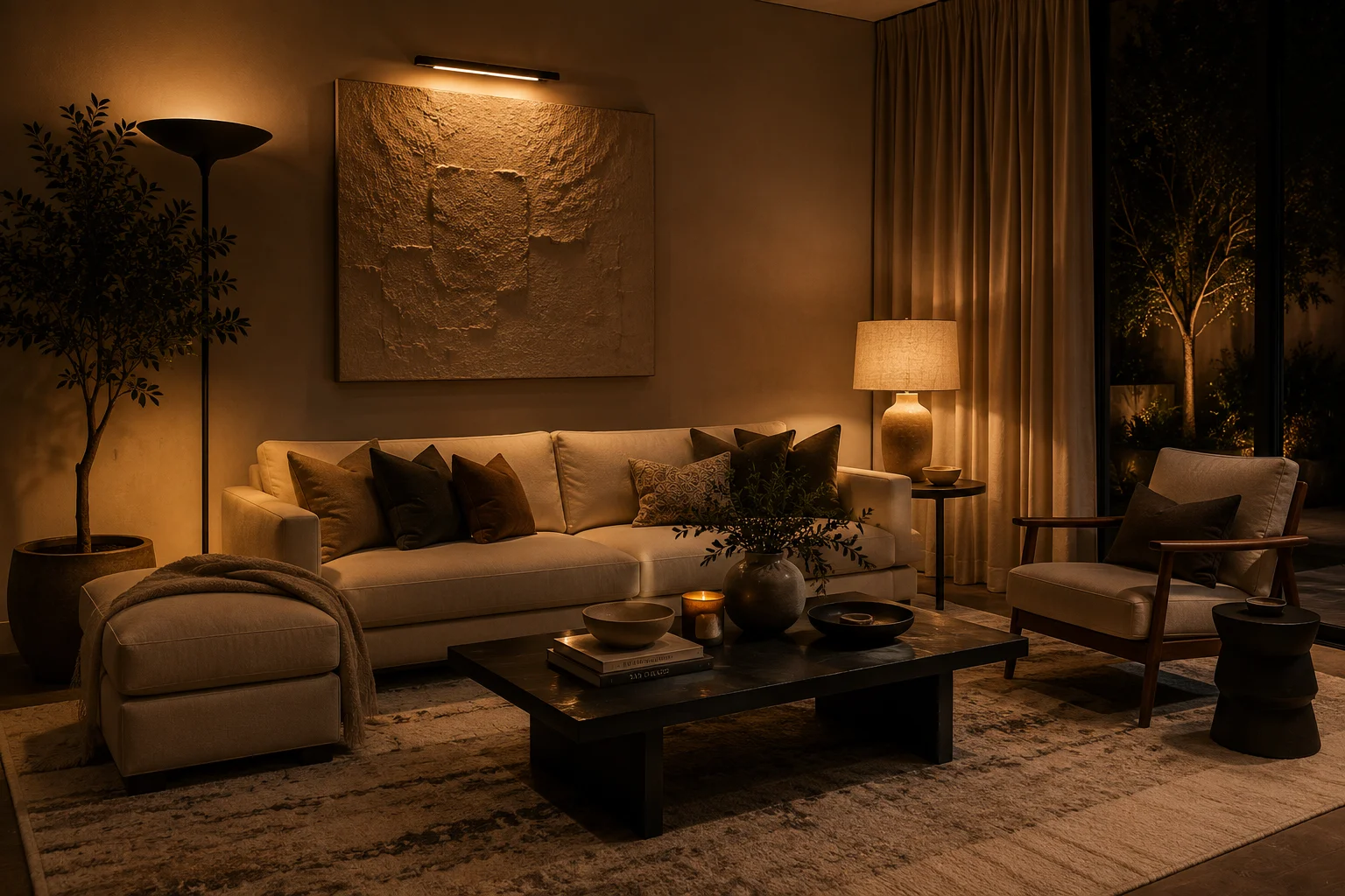 Cozy living room featuring layered interior lighting, showing how floor lamps and table lamps create a warm ambient atmosphere.