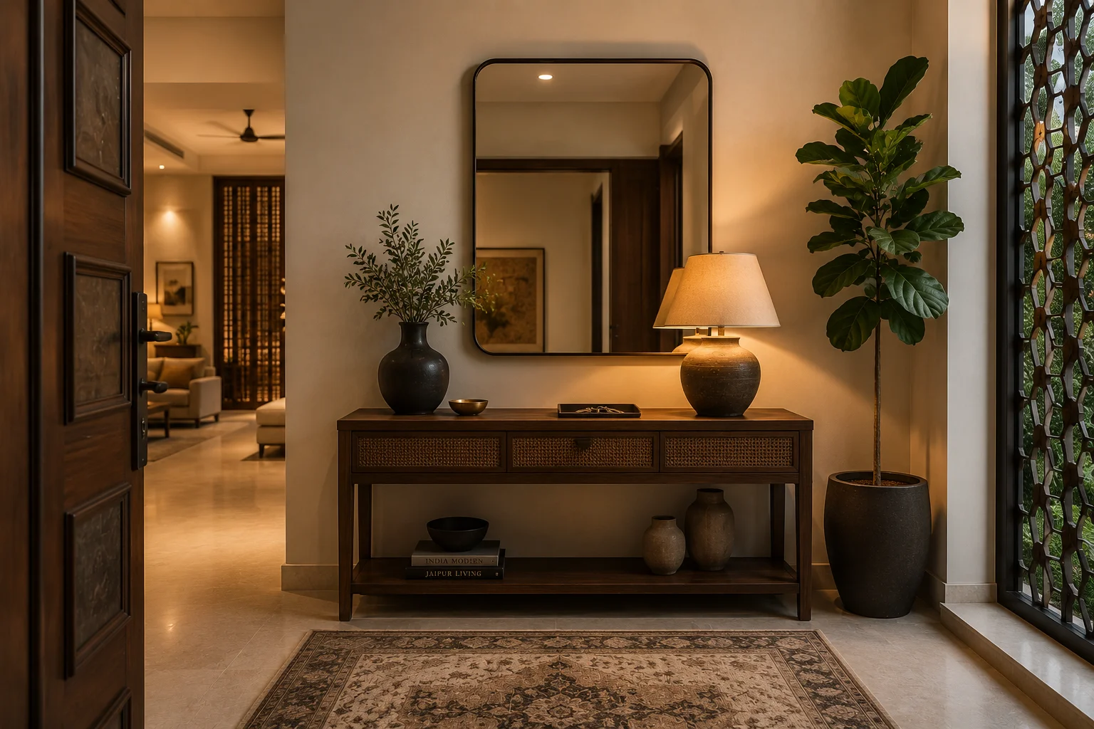 Well-designed home entryway and foyer styling featuring a wooden console table, mirror, and welcoming ambient lighting.