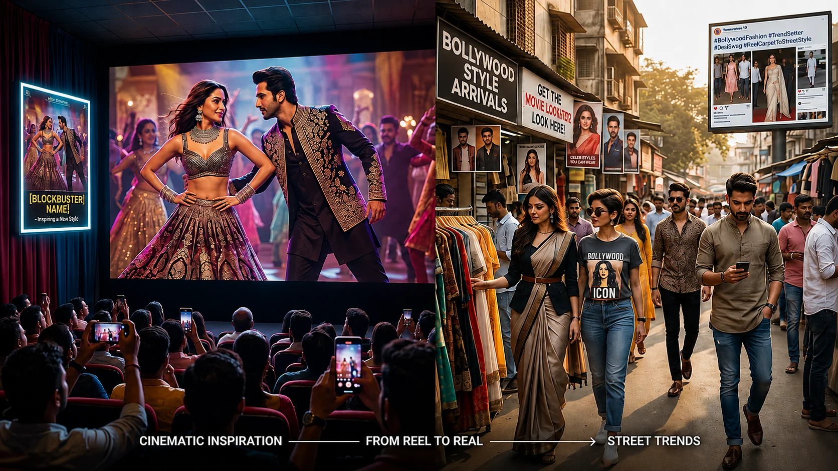 Graphic demonstrating the "Reel to Real" effect of Bollywood fashion, showing a movie theater audience capturing on-screen outfits and people wearing similar inspired trends in a street market.